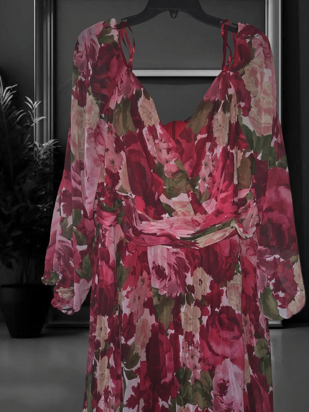 Xscape Plus Size Floral Pleated Maxi Off-The-Shoul Red Olive 20W Dress - Picture 8 of 16